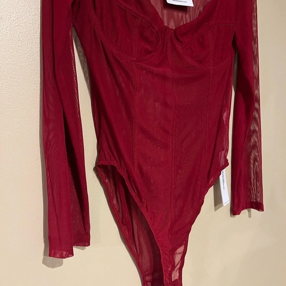 Princess Polly Leonie Mesh Bodysuit Burgundy Sz US 10Sheer Underwire Long Sleeve - Picture 7 of 13